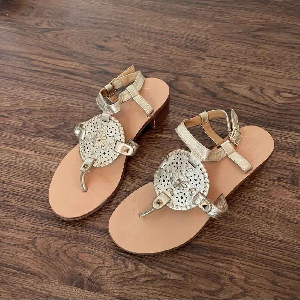 Jack Rogers Gretchen Block Heel Sandals Sz 7 Gold Leather